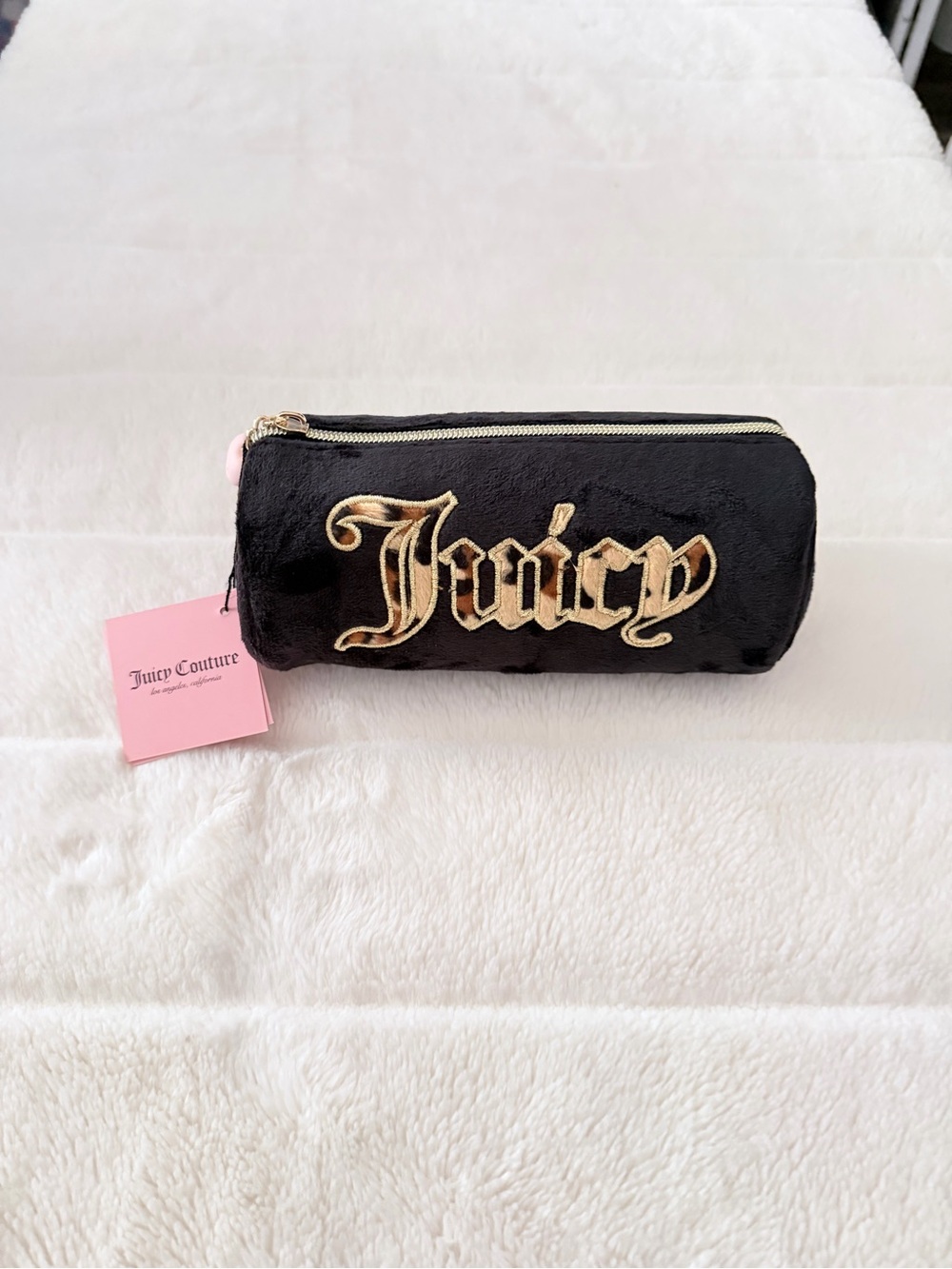 Juicy Couture Leopard Black Plush Velour Travel Cosmetic Makeup Bag NWT